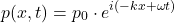\begin{equation*}p(x,t)=p_0\cdot e^{i(-kx+\omega t)}\end{equation*}